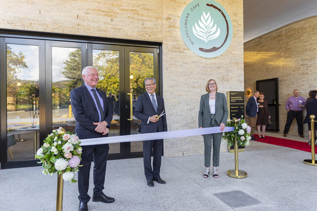 Wildflowers Cafe and Centennial Park Function Rooms grand opening - The Governor of South Australia, The Honourable Hieu Van Le cutting the official ribbon at the opening event.