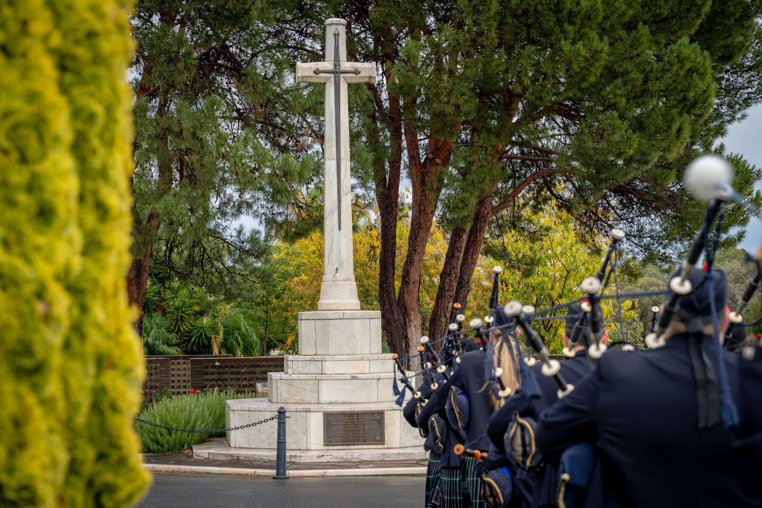 Scotch College Band marching towards the Cross of Remembrance